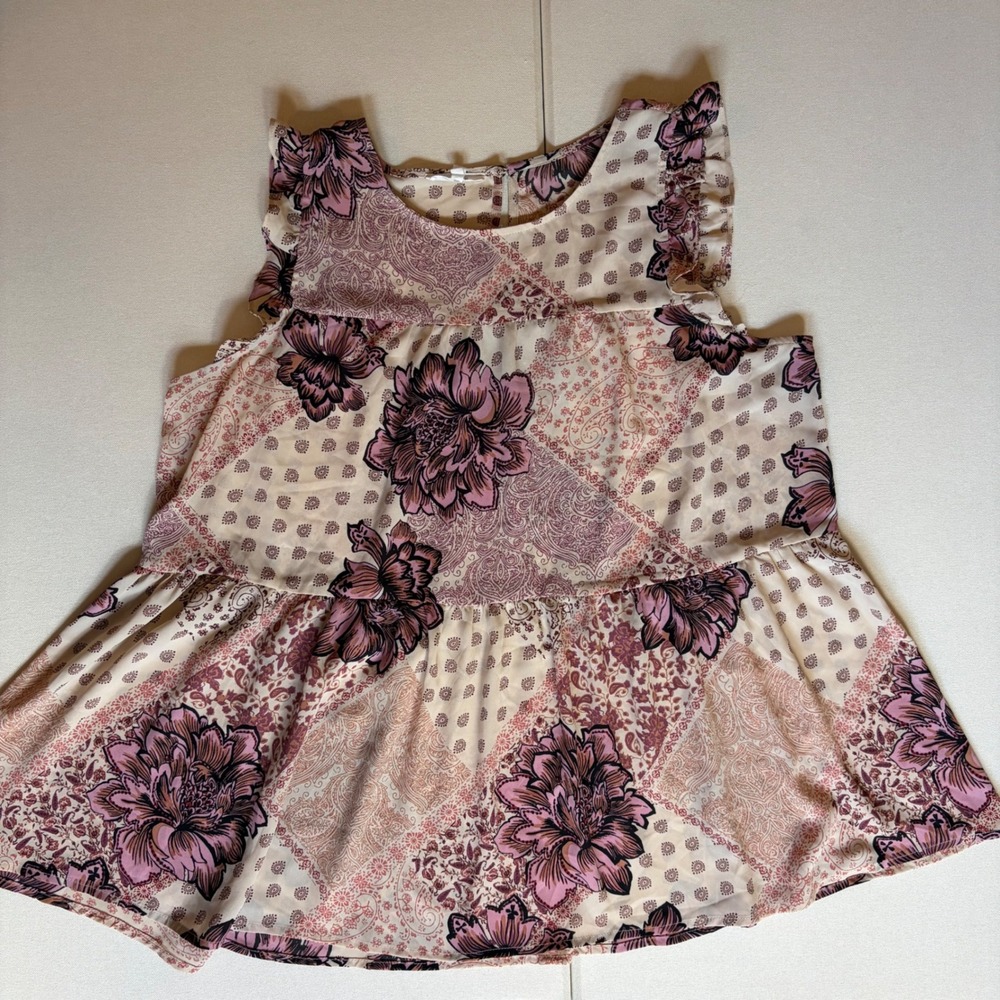 Maurices Beige Pink Patchwork Floral Ruffle Sleeve Peplum Tank Top Size 0